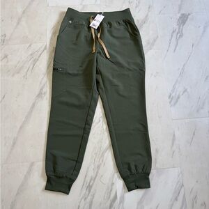Figs Olive Green scrub Pants with Tan Drawstring